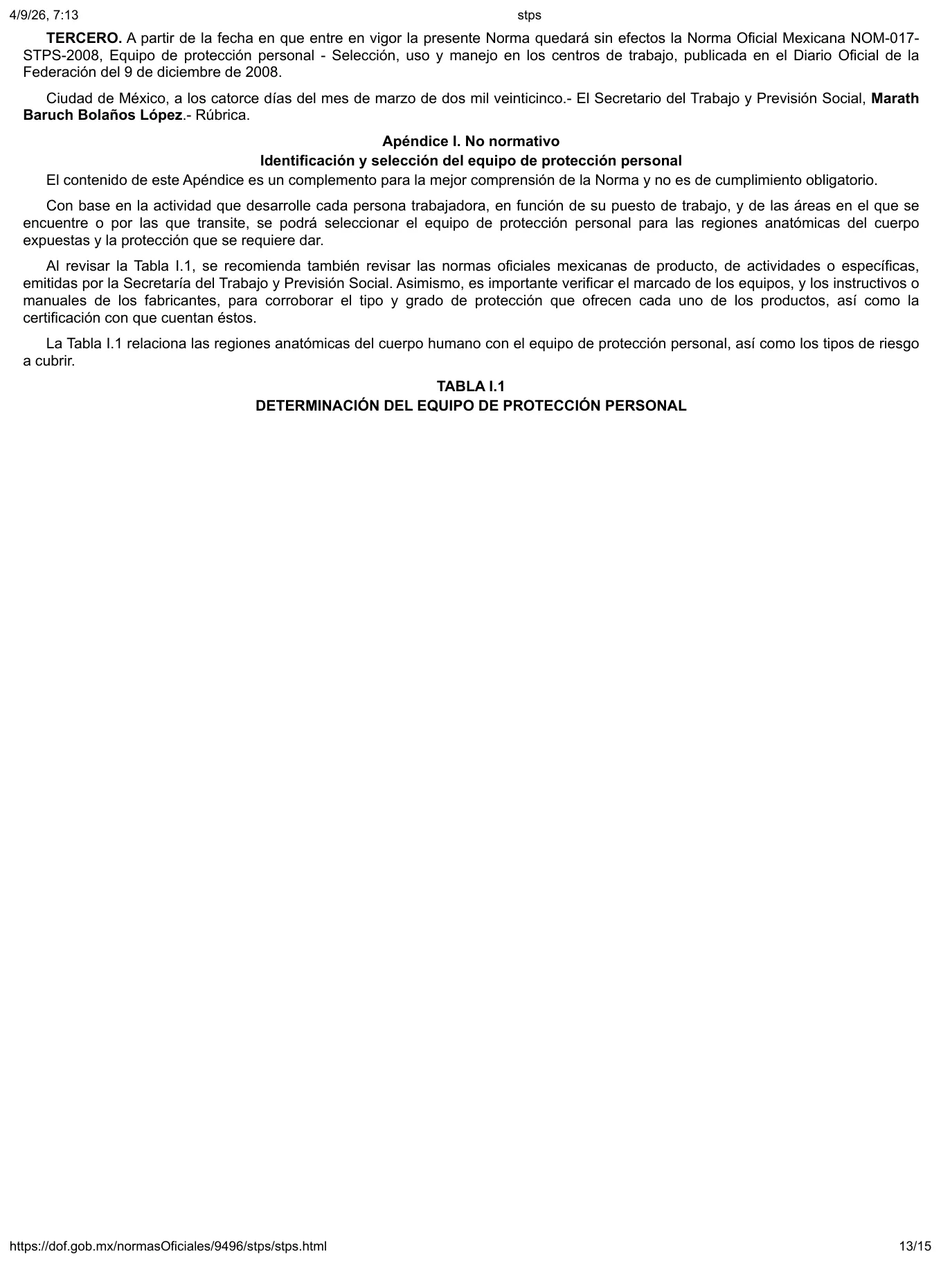 Tabla I.1 de la NOM-017-STPS-2024: determinación del equipo de protección personal por región anatómica (parte 1)