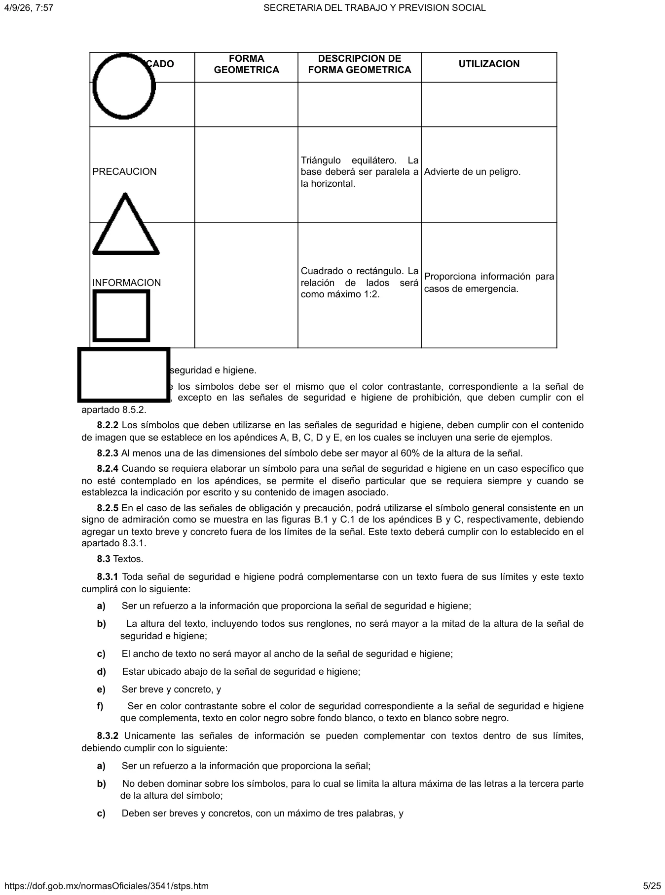 Tabla 3 de la NOM-026-STPS-2008: formas geométricas de las señales de seguridad e higiene y su significado